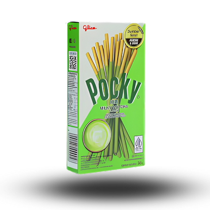 Pocky Milky Matcha - Diese knallgrünen knusprigen Kekssticks sind umhüllt von einer cremigen Matcha-Schicht mit weißer Schokolade, die ein einzigartiges Geschmackserlebnis bietet.