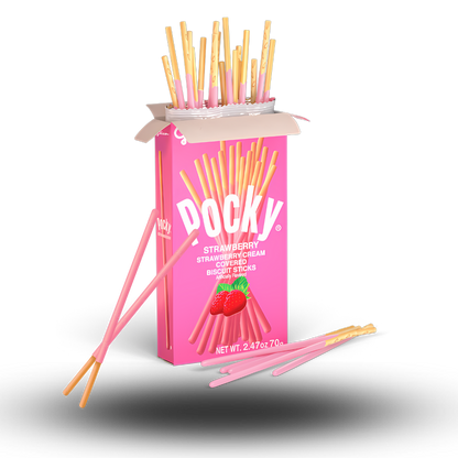 Pocky Sticks Strawberry | Erdbeeren  Knusprige Kekssticks treffen auf cremige Erdbeer-Schicht 