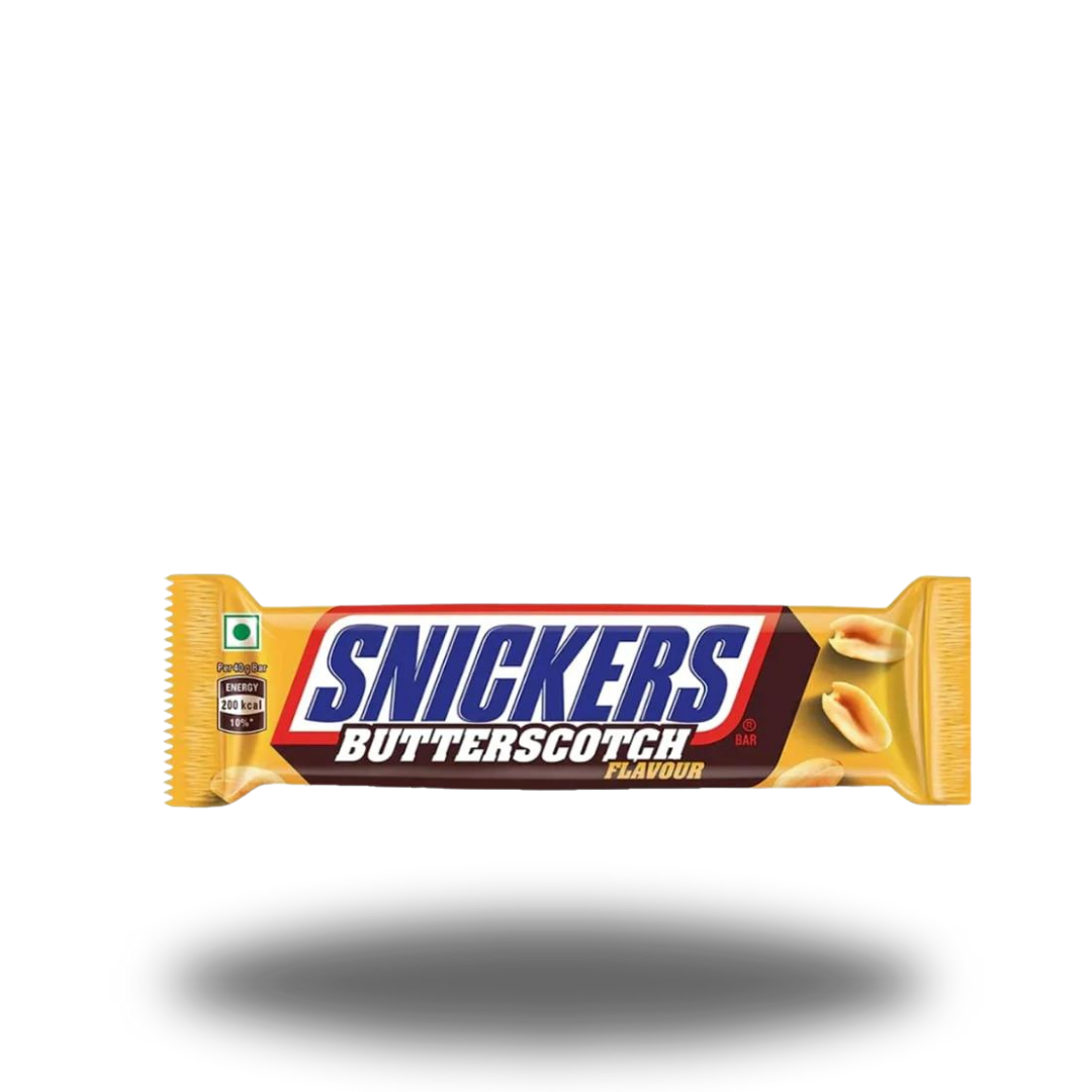 Snickers Butterscotch 40g Riegel, gefüllt mit Erdnüssen, Karamell und Nougat, umhüllt von Milchschokolade und verfeinert mit Butterscotch-Geschmack.