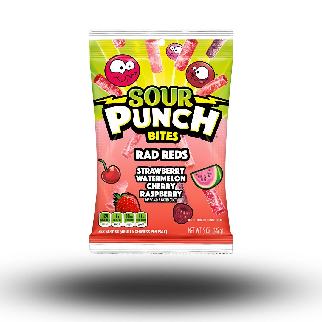 Sour Punch Rad Reds: Der saure Kick in knallrot!  Die knallroten Fruchtgummis in vier fruchtigen Geschmacksrichtungen, die euch garantiert umhauen werden! 