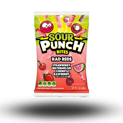 Sour Punch Rad Reds: Der saure Kick in knallrot!  Die knallroten Fruchtgummis in vier fruchtigen Geschmacksrichtungen, die euch garantiert umhauen werden! 