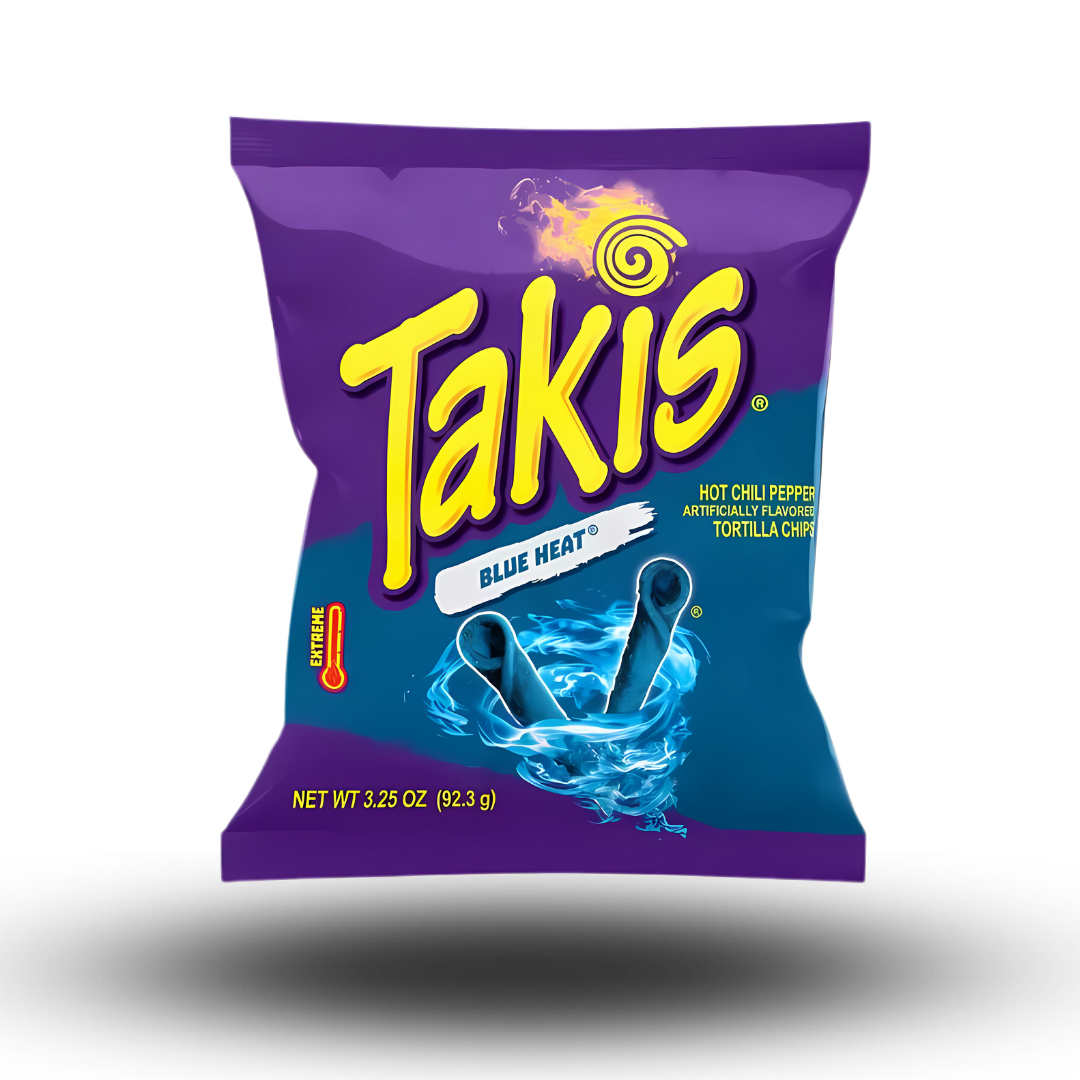 Takis Blue Heat 92,3g  Bist du bereit, deine Geschmacksknospen auf eine heiße Achterbahnfahrt zu schicken? Takis Blue Heat aus den USA sind mehr als nur ein Snack - sie sind ein Abenteuer! Mit ihrem intensiven blauen Look und der explosiven Würze sind diese knusprigen Rollen genau das Richtige für alle, die es gerne scharf mögen.