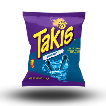 Takis Blue Heat 92,3g  Bist du bereit, deine Geschmacksknospen auf eine heiße Achterbahnfahrt zu schicken? Takis Blue Heat aus den USA sind mehr als nur ein Snack - sie sind ein Abenteuer! Mit ihrem intensiven blauen Look und der explosiven Würze sind diese knusprigen Rollen genau das Richtige für alle, die es gerne scharf mögen.