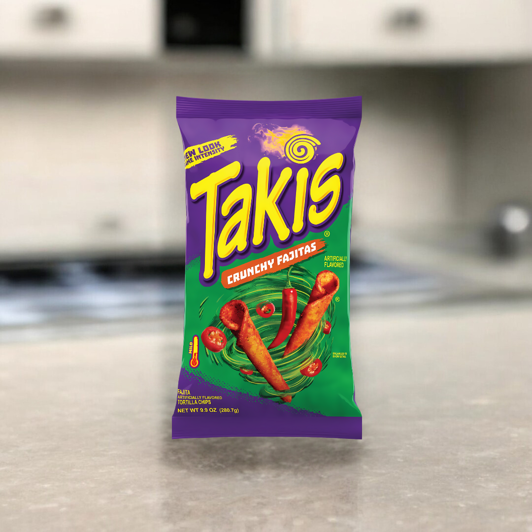 Takis Crunchy Fajitas 92,3g Packung, knusprige Chips mit würzigen Fajita-Gewürzen für ein intensives Geschmackserlebnis.