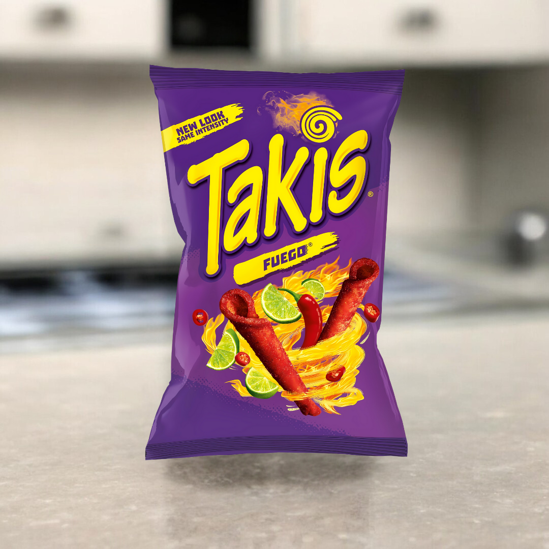 Takis Fuego 100g Packung, knusprige Chips mit scharfen Chili- und Limettengeschmack für ein intensives Snack-Erlebnis.