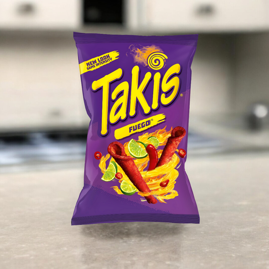 Takis Fuego 100g Packung, knusprige Chips mit scharfen Chili- und Limettengeschmack für ein intensives Snack-Erlebnis.