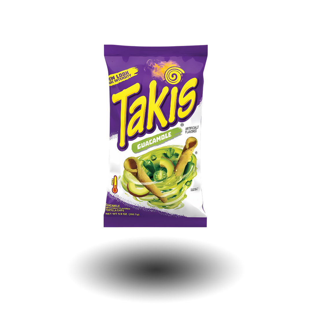 Takis Guacamole 92,3g Packung, knusprige Chips mit Guacamole-Geschmack für ein erfrischendes Snack-Erlebnis.