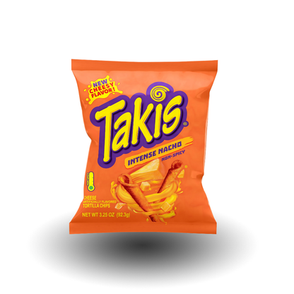 Takis Intense Nacho 92,3g Packung, knusprige Chips mit intensiven Nacho-Käse-Geschmack für ein aufregendes Snack-Erlebnis.