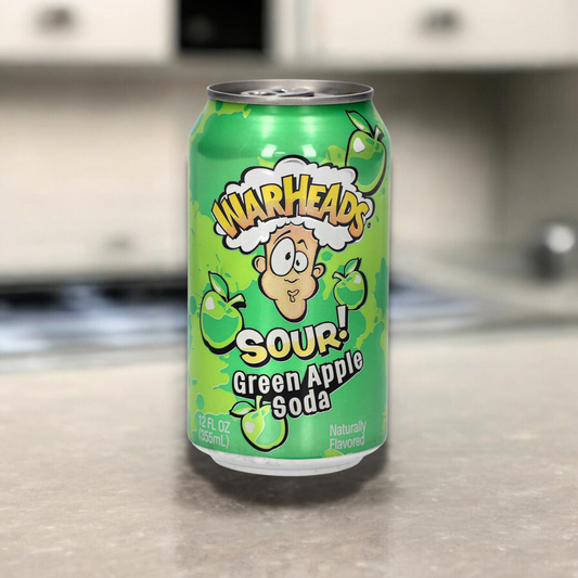 Warheads Sour Green Apple Soda 355ml, erfrischende Limonade mit dem intensiven, sauren Geschmack von grünen Äpfeln für ein einzigartiges Geschmackserlebnis.