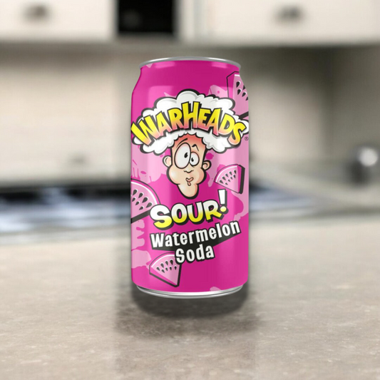 Warheads Watermelon Soda 355ml, spritzige Limonade mit dem intensiven, fruchtigen Geschmack von Wassermelonen für ein einzigartiges und erfrischendes Geschmackserlebnis.