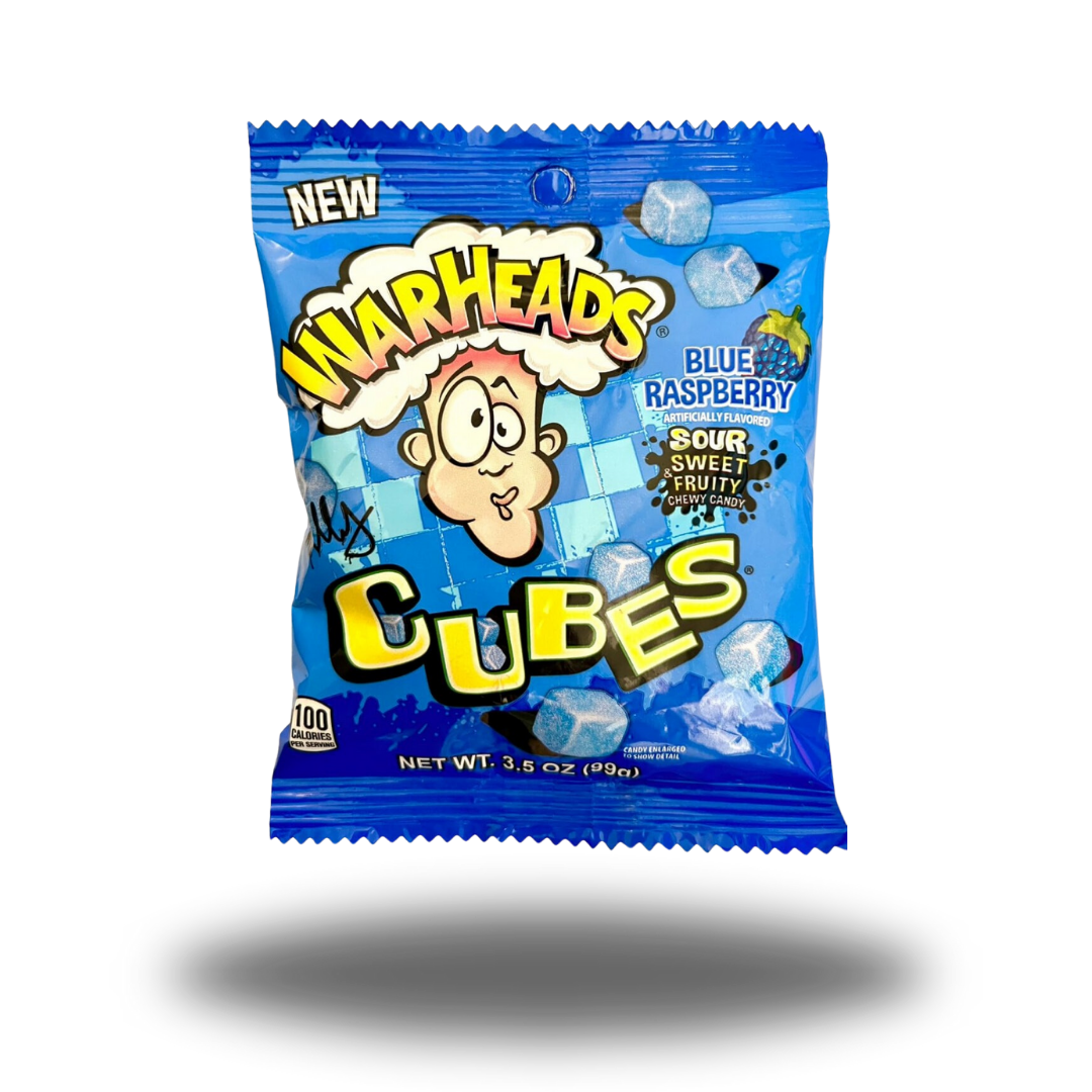 Warheads Cubes Blue Raspberry 99g, saure Kaubonbons mit dem intensiven Geschmack von Blaubeere, ideal für ein spannendes Kauerlebnis.